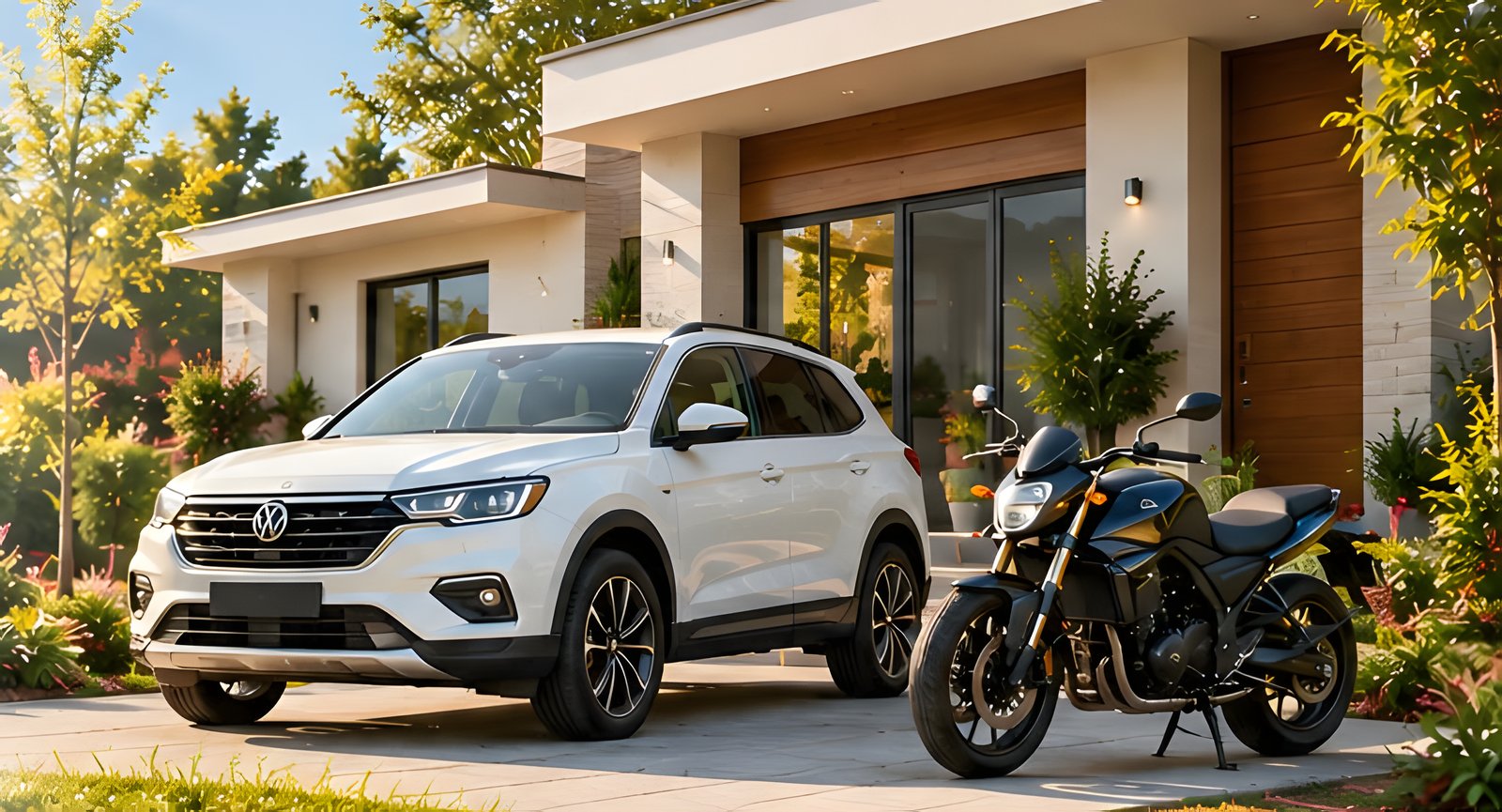 Auto y moto estacionados frente a una casa moderna